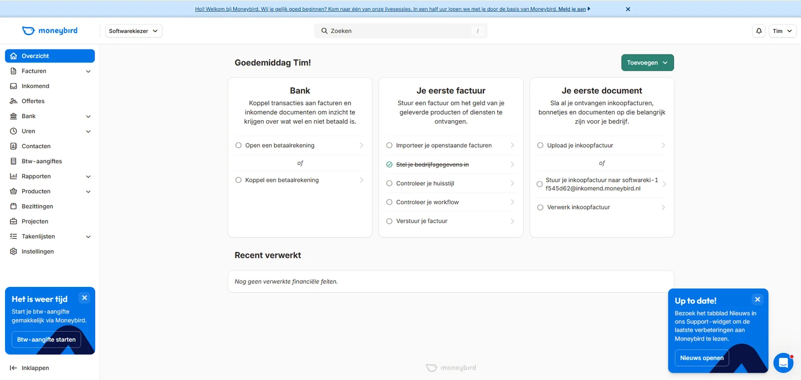 Het dashboard van Moneybird, een van de zeven boekhoudpakketten die we vergelijken